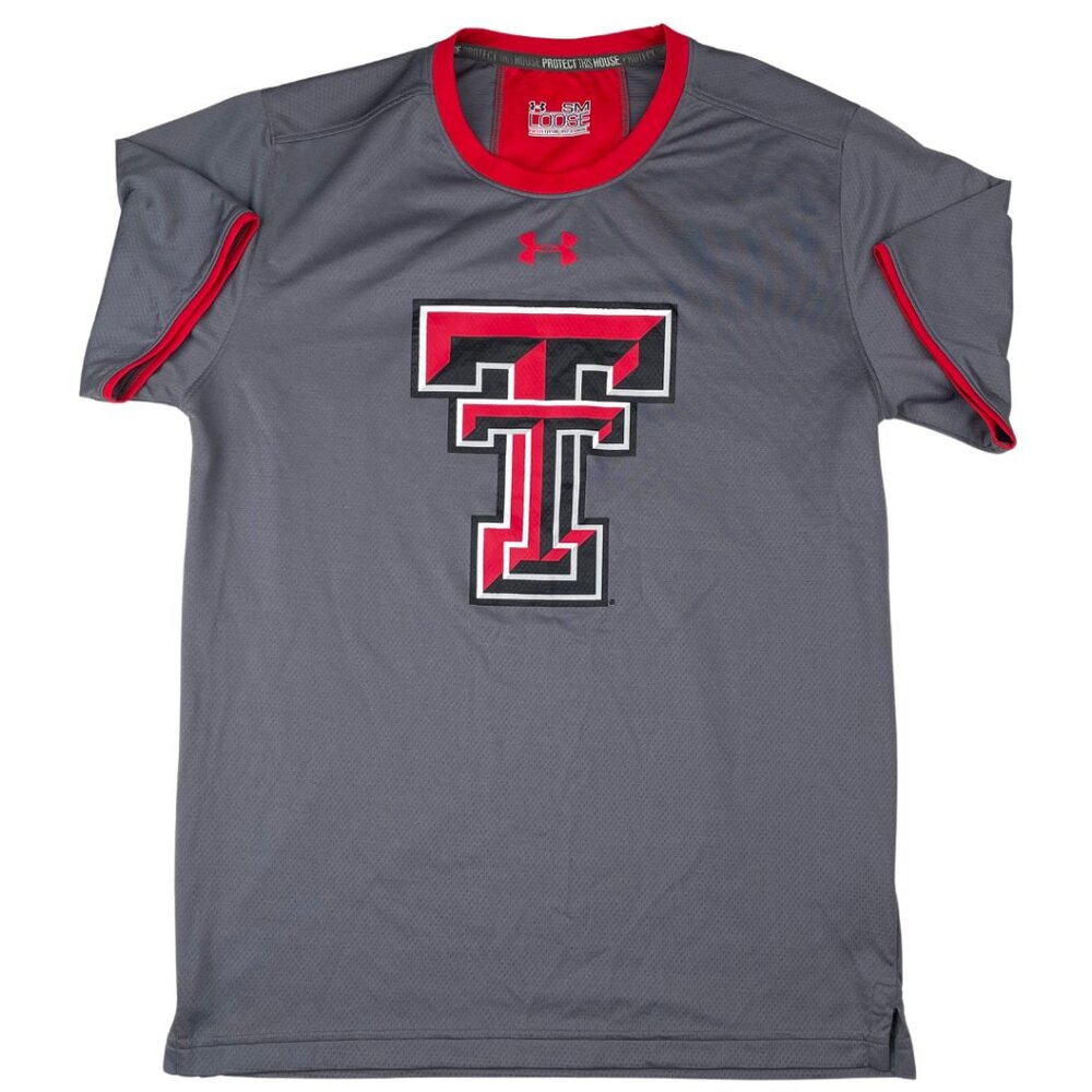 Grey and Red Under Armour Texas Tech TTU T-Shirt Heat Gear. Mens Small